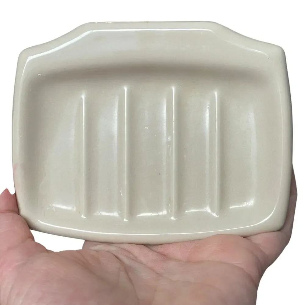 Vintage Porcelain Soap Dish Holder Bathroom Wall Mount Fixture Taupe MCM READ